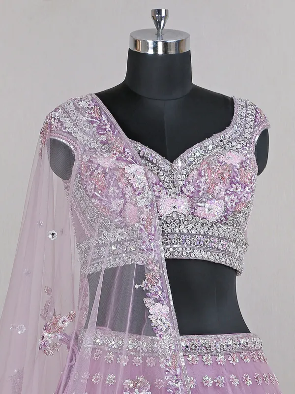 Wedding wear light purple net lehenga choli