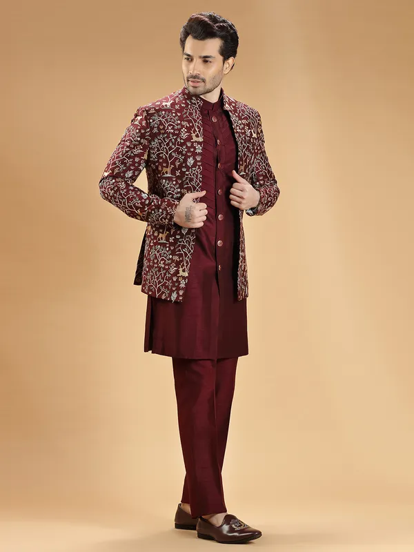 Wedding wear maroon silk indowestern