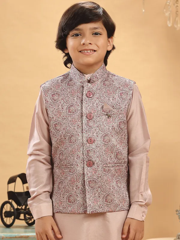 Wedding wear dusty peach printed waistcoat set