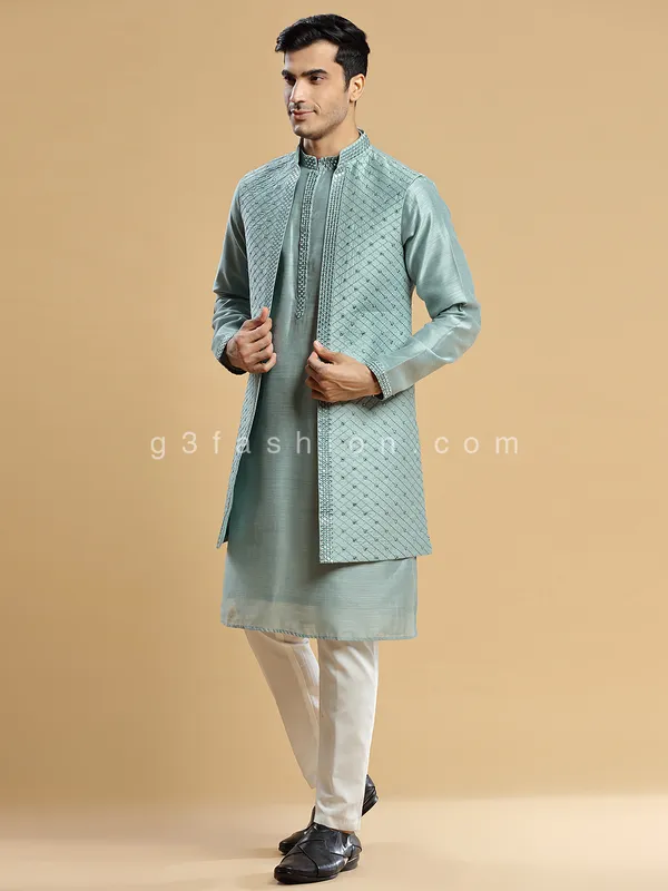 Wedding wear mint green silk waistcoat set