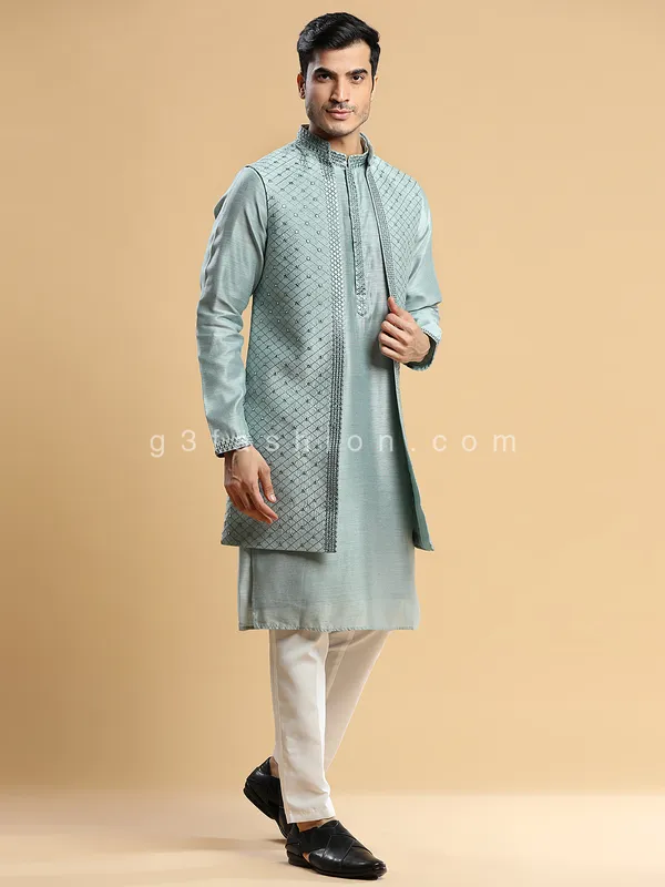 Wedding wear mint green silk waistcoat set