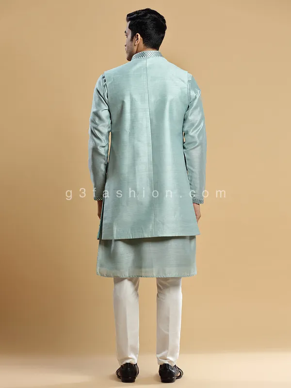 Wedding wear mint green silk waistcoat set