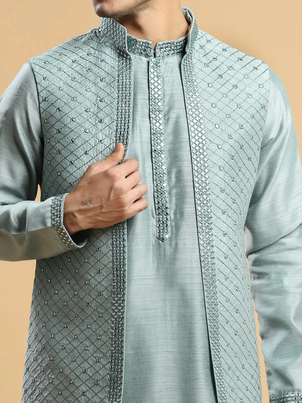 Wedding wear mint green silk waistcoat set