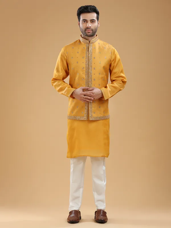 Wedding wear mustard yellow silk waistcoat set
