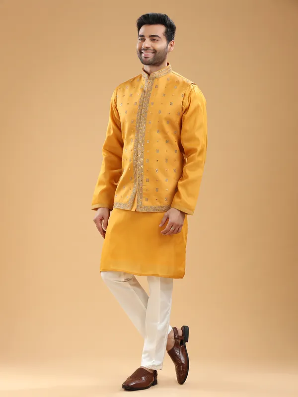 Wedding wear mustard yellow silk waistcoat set