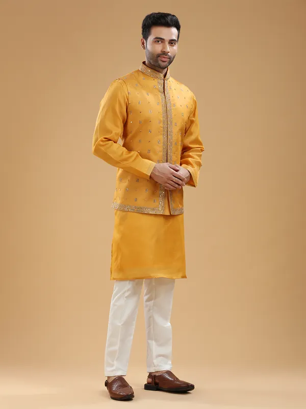 Wedding wear mustard yellow silk waistcoat set