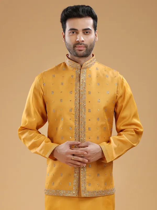 Wedding wear mustard yellow silk waistcoat set