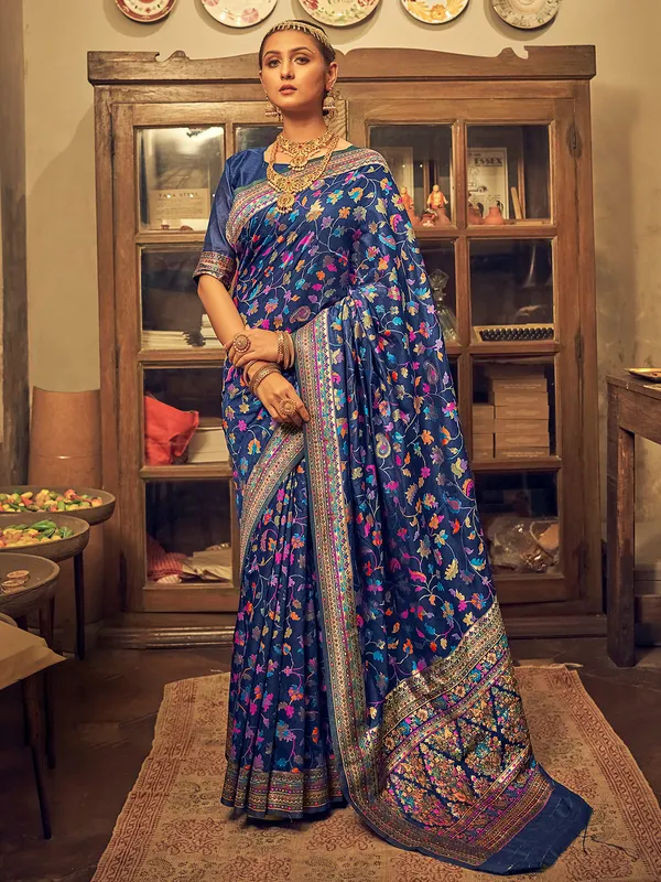 Wedding wear navy pashmina silk saree