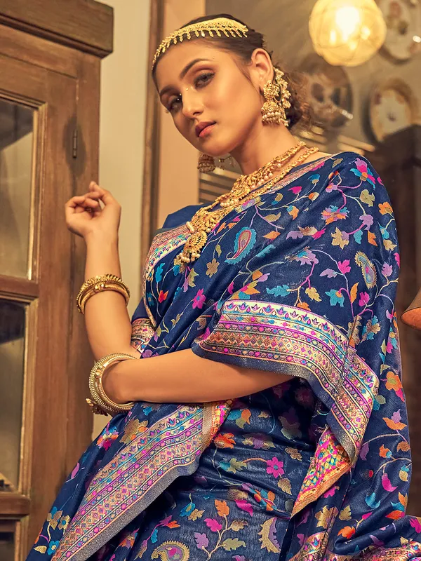 Wedding wear navy pashmina silk saree