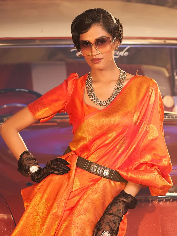 Wedding wear orange silk zari work saree