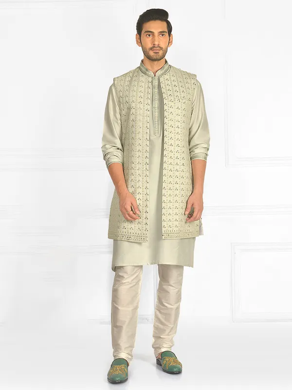 Wedding wear pista green waistcoat set with thread work details