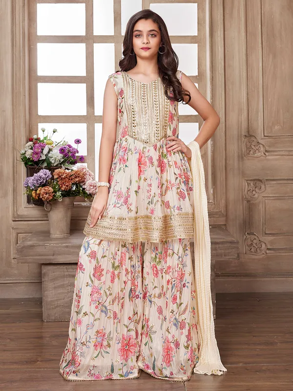 Wedding wear printed cream sharara set
