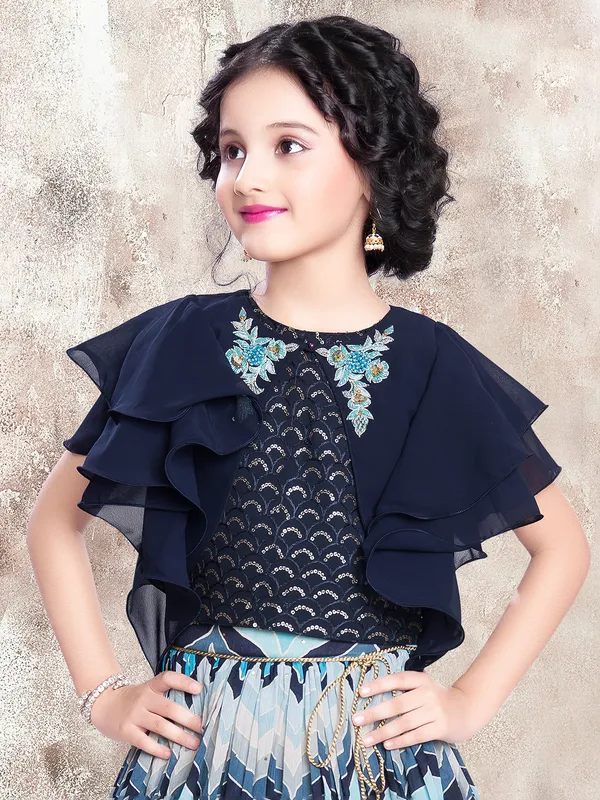 Wedding wear printed dark blue georgette lehenga choli