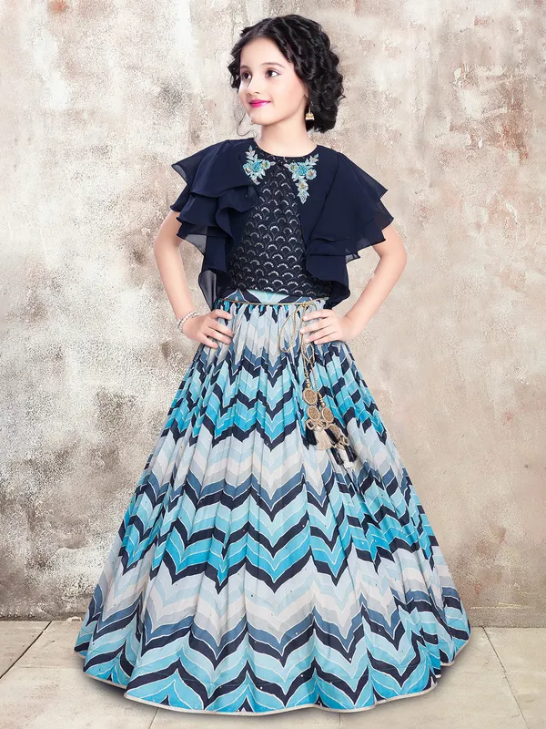 Wedding wear printed dark blue georgette lehenga choli