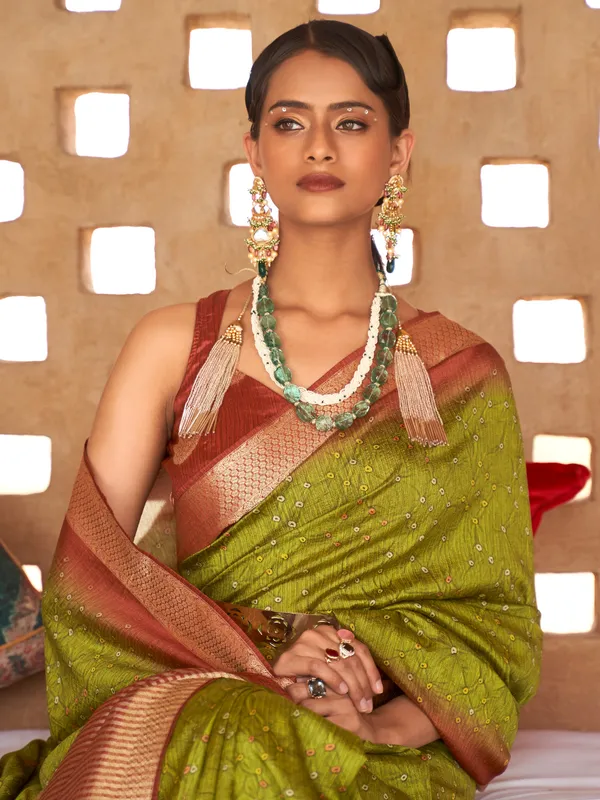 Wedding wear printed silk saree in olive
