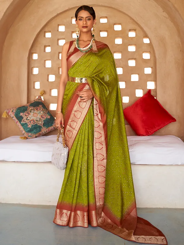 Wedding wear printed silk saree in olive