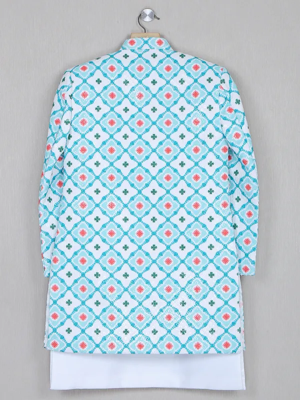 Wedding wear printed silk sea blue indowestern