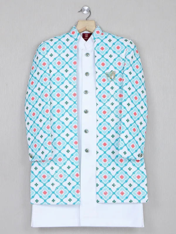Wedding wear printed silk sea blue indowestern