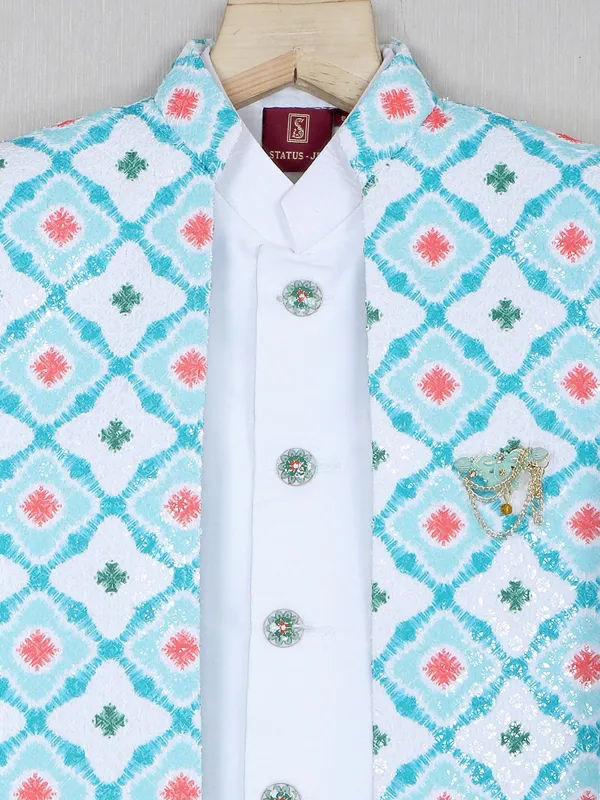 Wedding wear printed silk sea blue indowestern
