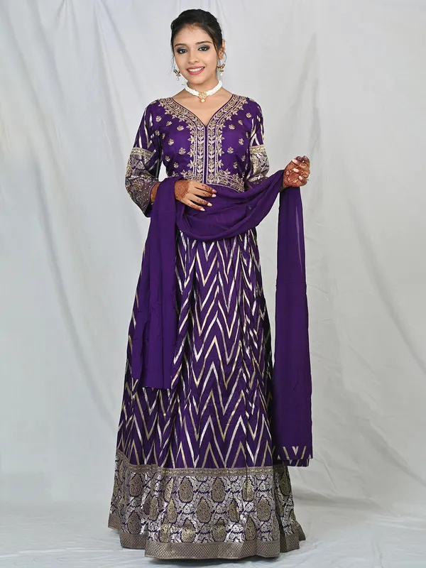 Wedding wear purple silk printed anarkali suit