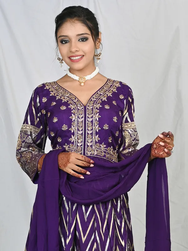 Wedding wear purple silk printed anarkali suit