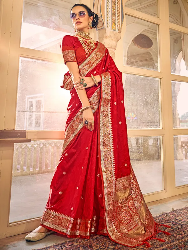 Wedding wear red satin silk dhup chav saree