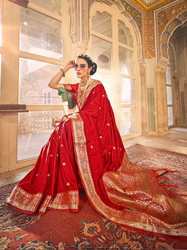Wedding wear red satin silk dhup chav saree