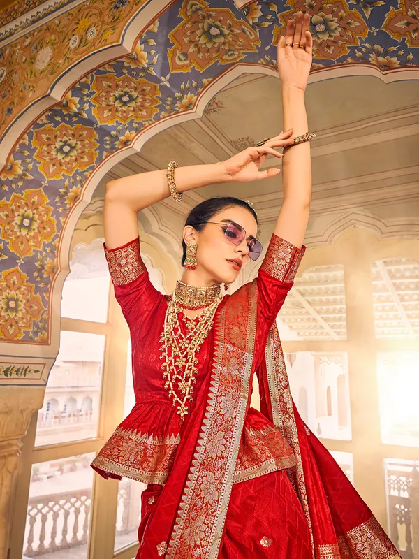 Wedding wear red satin silk dhup chav saree