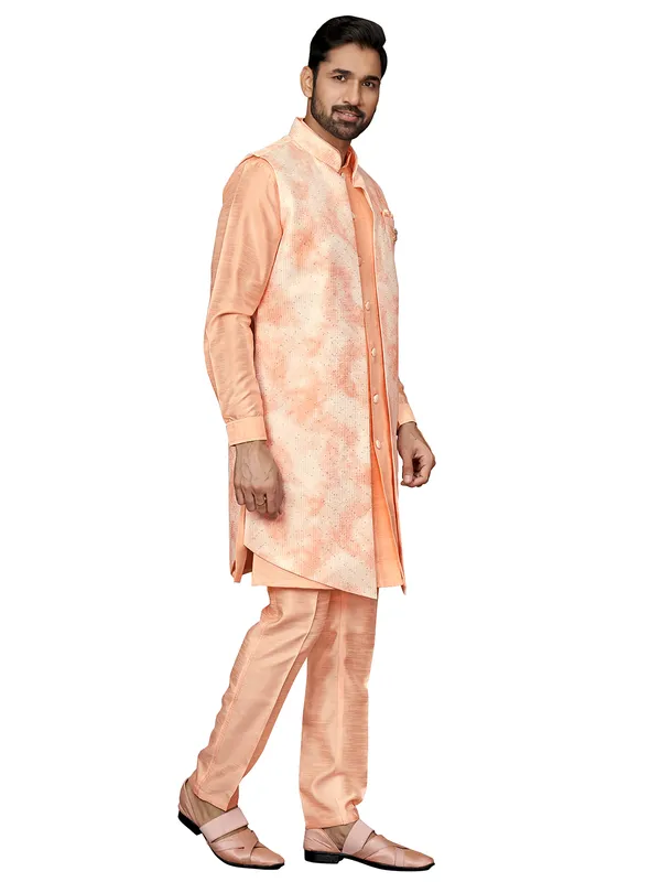 Wedding wear silk indowestern in peach