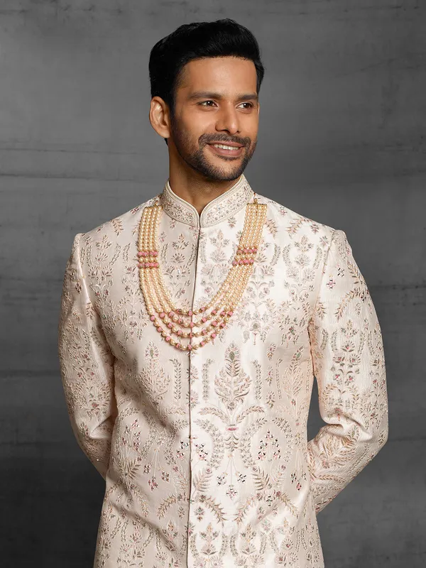 wedding wear silk sherwani in cream color