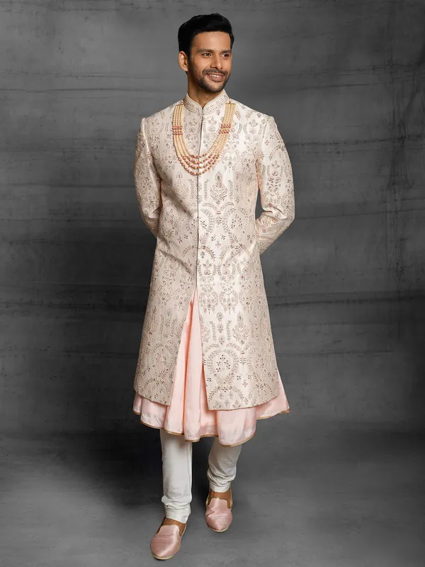 wedding wear silk sherwani in cream color