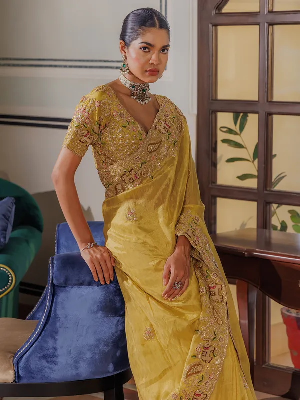 Wedding wear yellow silk saree