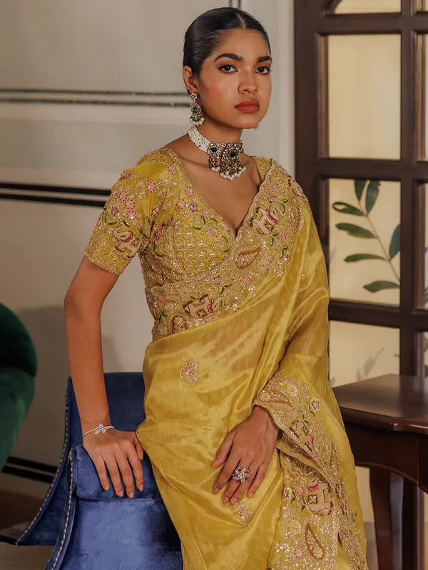 Wedding wear yellow silk saree