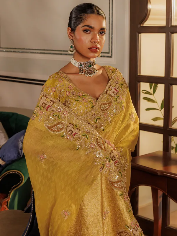 Wedding wear yellow silk saree