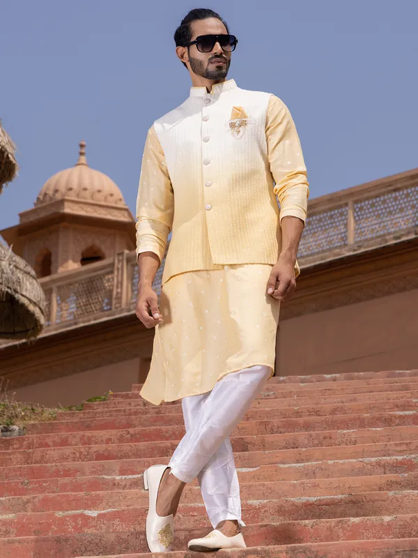 Wedding wear yellow silk waistcoat set