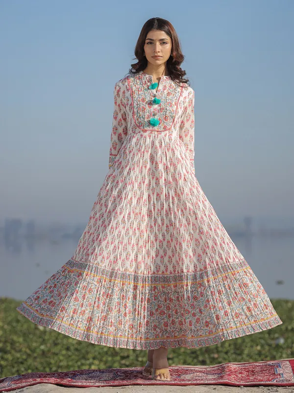 White anarkali style printed long kurti