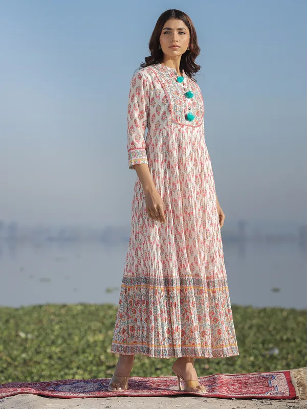White anarkali style printed long kurti