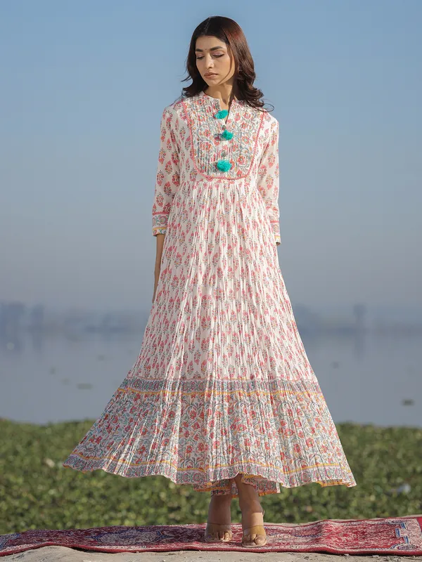 White anarkali style printed long kurti