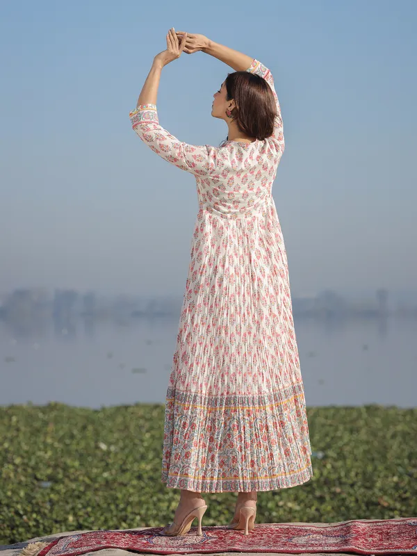 White anarkali style printed long kurti