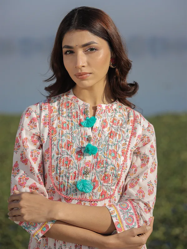 White anarkali style printed long kurti