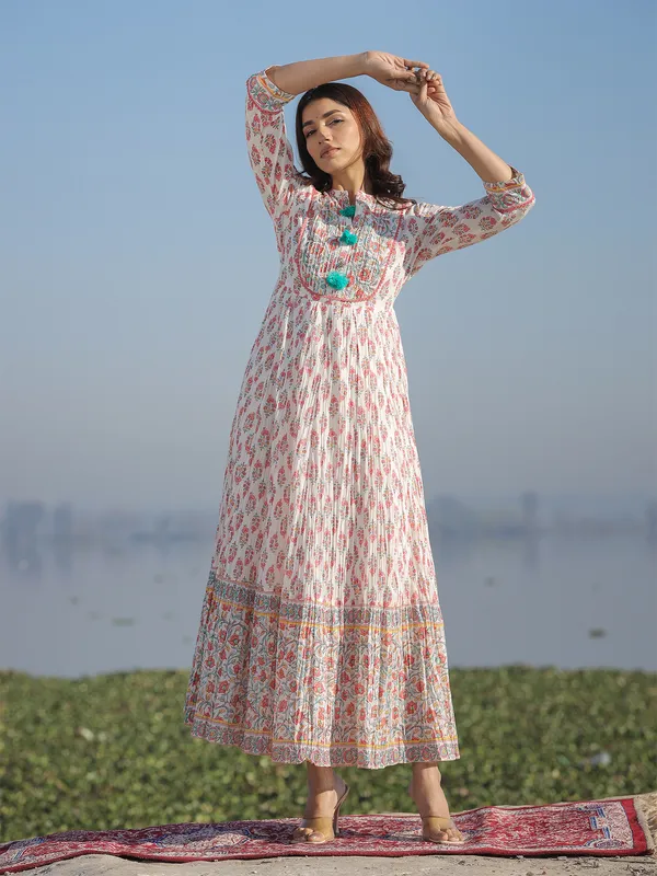 White anarkali style printed long kurti