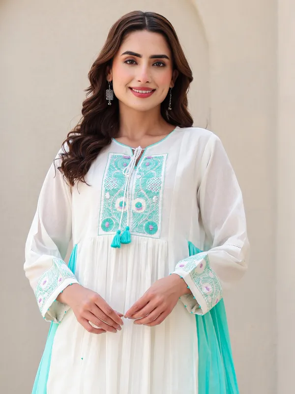 White and aqua cotton kurti set for festive wear