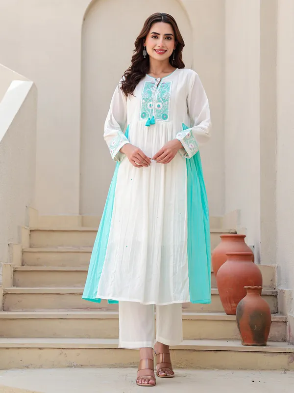 White and aqua cotton kurti set for festive wear