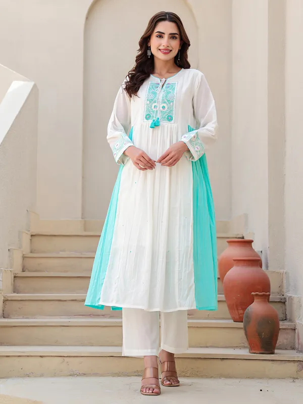 White and aqua cotton kurti set for festive wear