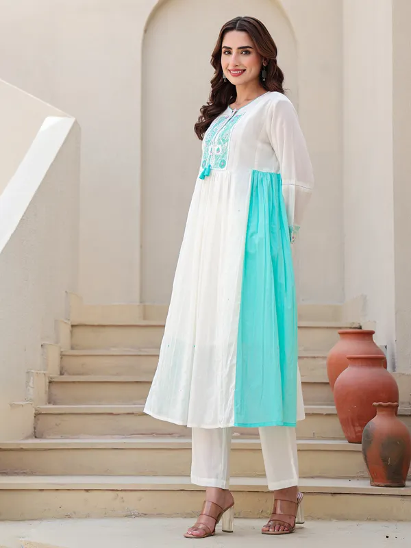 White and aqua cotton kurti set for festive wear