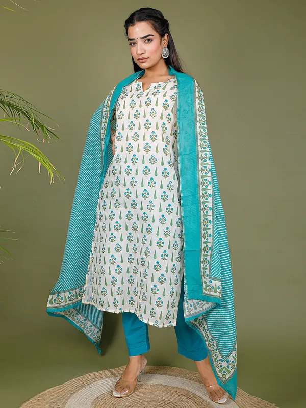 White and aqua cotton printed kurti set