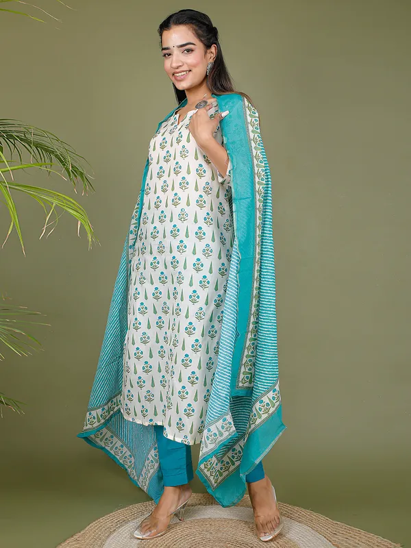 White and aqua cotton printed kurti set