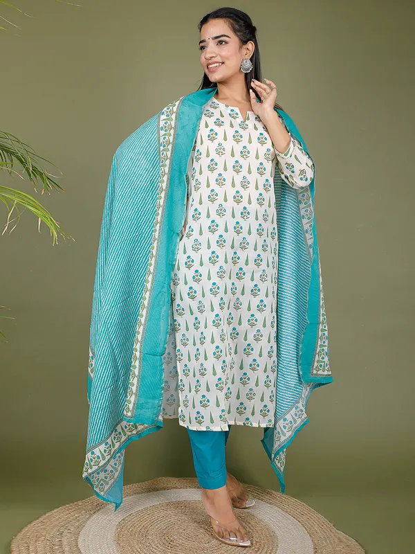 White and aqua cotton printed kurti set