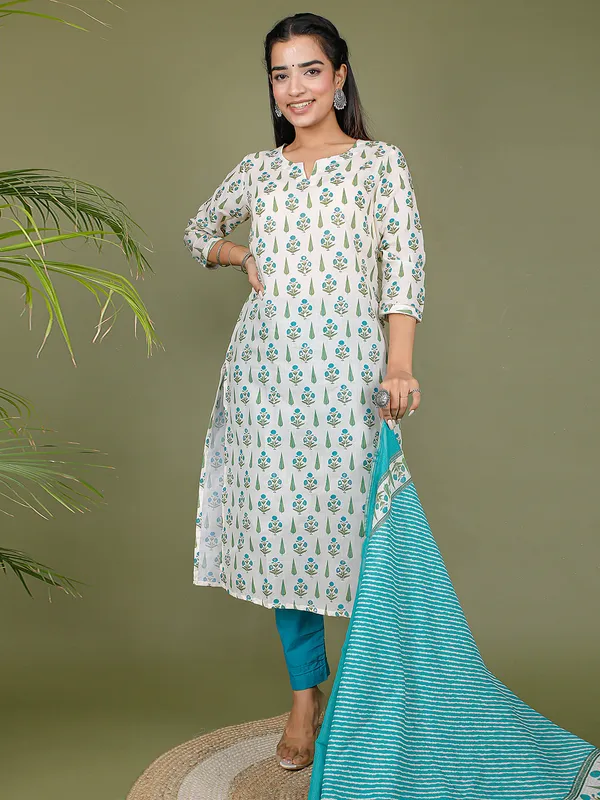 White and aqua cotton printed kurti set