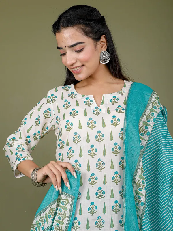 White and aqua cotton printed kurti set